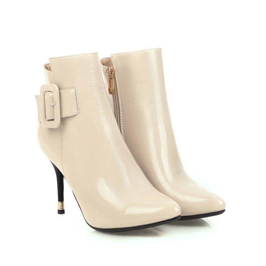 Qutaa Mode Wees Teen Pu Lakleer Enkellaarsjes Dunne Hoge Hak Herfst Winter Gesp Rits Vrouwen Schoenen Maat 34-42: Beige / 3