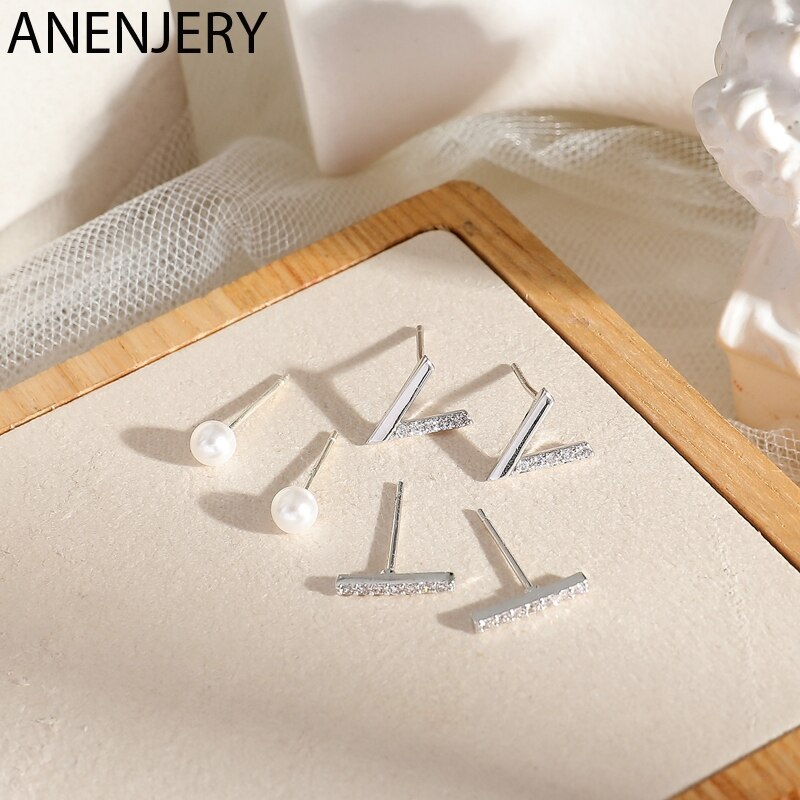 ANENJERY Semplice 6 pezzo di Piccoli Orecchini di Perle impostato punto Zircone Dritto V-a forma di Orecchini con Perno per Le Donne del Regalo S-E1215
