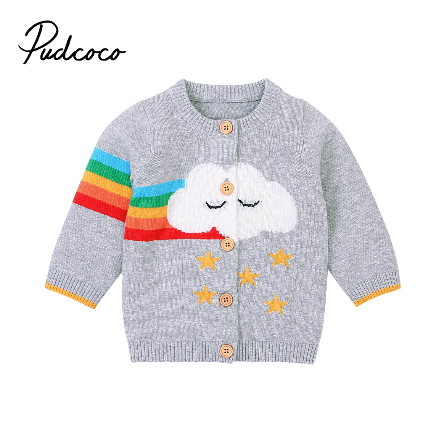 Roupas de outono da criança, o pescoço manga longa camisola cardigan com padrões de estrela de nuvem arco-íris para menina, menino