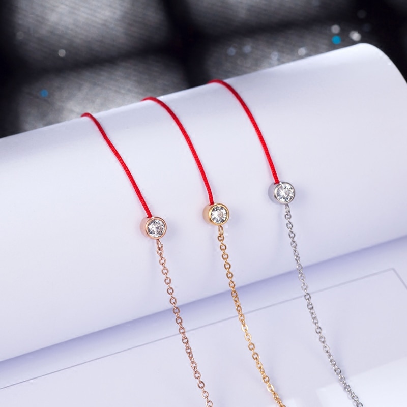 YUN RUO Gold Silber Farbe Zirkon Kristall Rote Linie Armband Charms 316 L Edelstahl Schmuck Frau Kette Verhindern verblassen