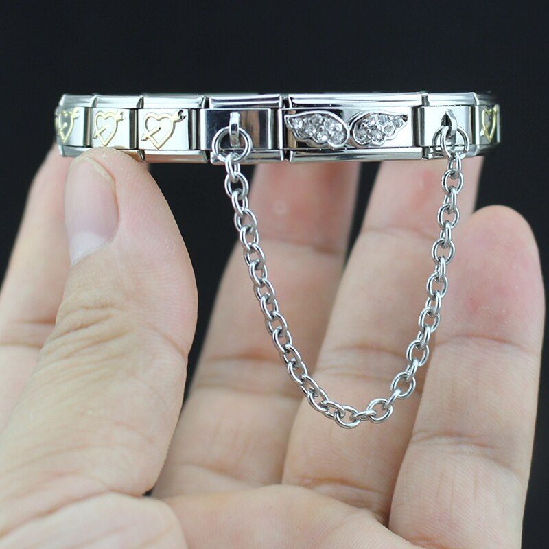 Glücks-Armbinde für damen aus edelstahl, 9mm- teilig, mit flügelgliedern, blumen- und herzanhänger, armreif, schmuck  g64-10