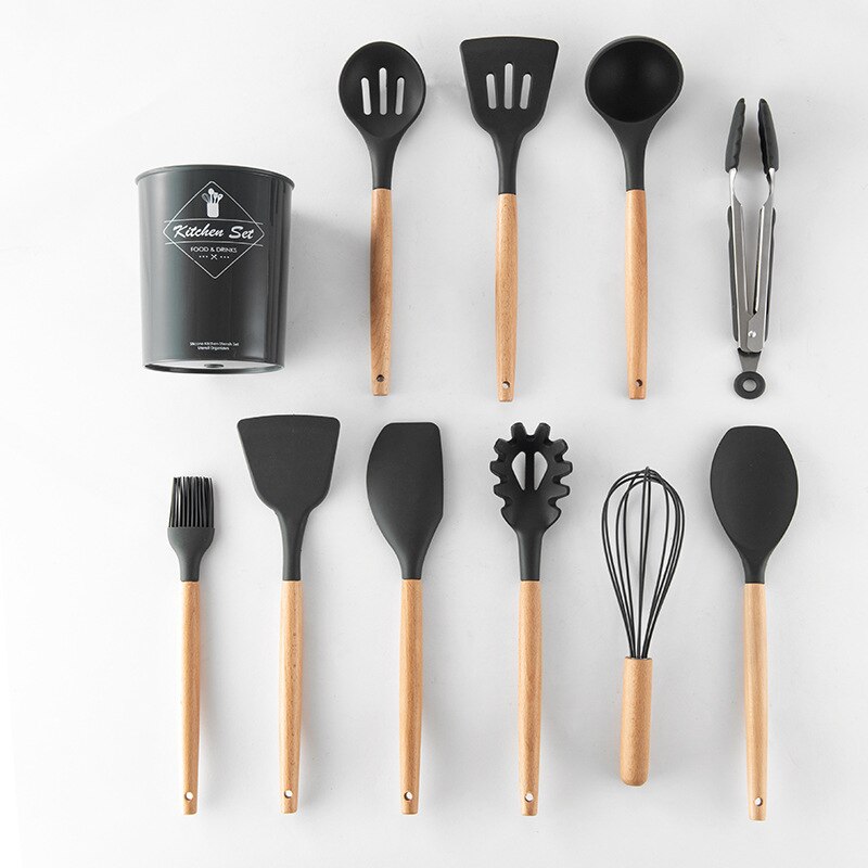 Køkkensæt premium silikone køkkenredskaber 10- stykke køkkenredskaber sæt med bambus træ håndtag til nonstick køkkengrej værktøj