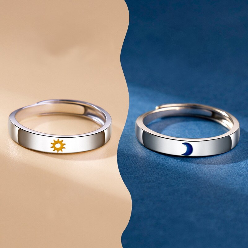 Bagues de Couple pour femmes et hommes, ensemble de 2 pièces, soleil et lune, anneaux de mariage, doigt d'amoureux, couleur argent, bijoux assortis, de saint-valentin: Sun Moon Open 6