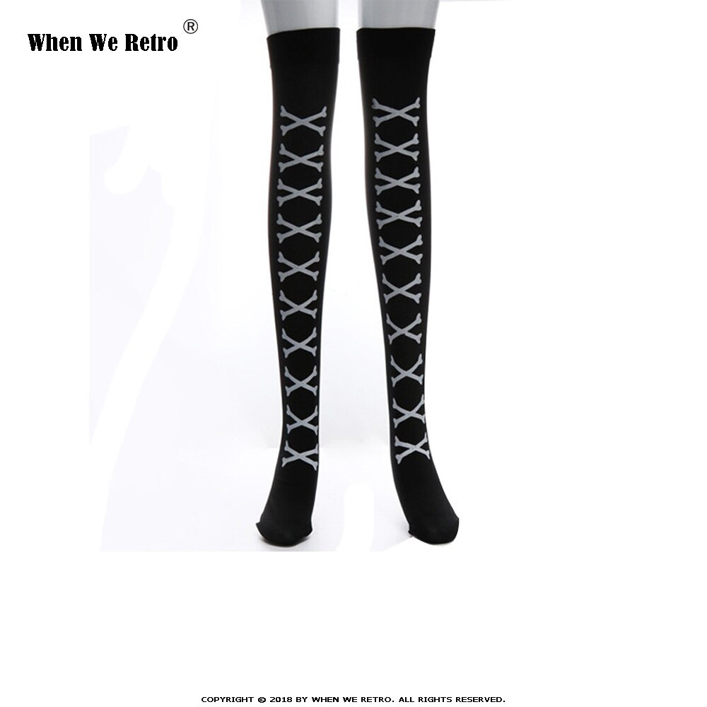 Wanneer we retro halloween skelet lange kniekousen kostuum vleermuis stippen print halloween cosplay zachte kous  qy0602