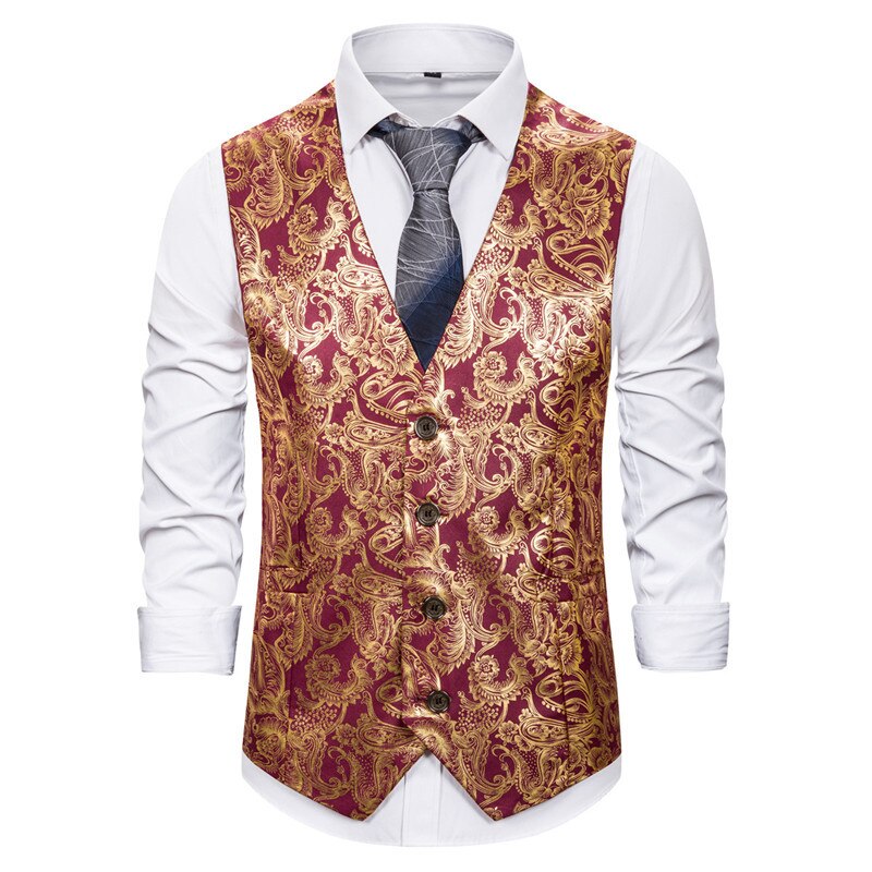 Luxe or Paisley robe Gilet hommes smoking Gilet Hipster col en V Slim Fit Gilet hommes fête mariage gilets Gilet Costume Homme XXL: wine red / XL