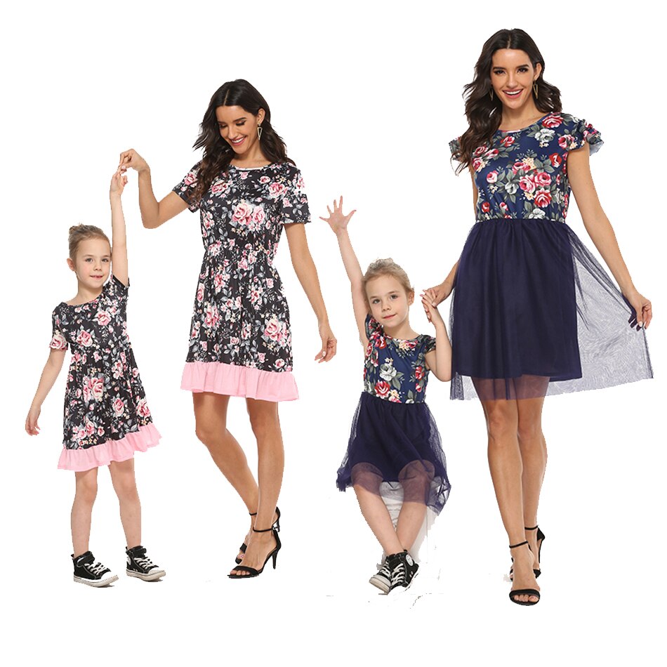Family Floral Print Mother Daughter Matching Dresses Mommy and Me Clothes Mesh Mom and Baby Girls Dress Outfits
