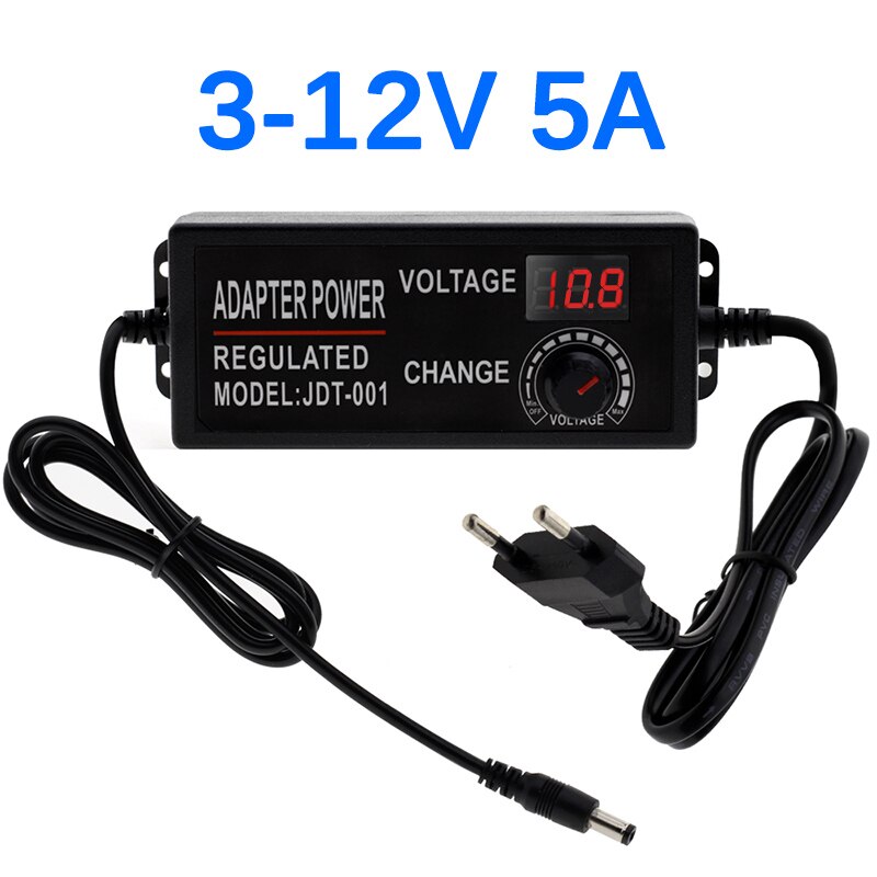 Adjustable AC to DC 3-12V 9-24V Voltage Regulated Adapter with display Screen Universal Power Supply Adapter EU/US Plug: 3-12V 5A / EU Plug
