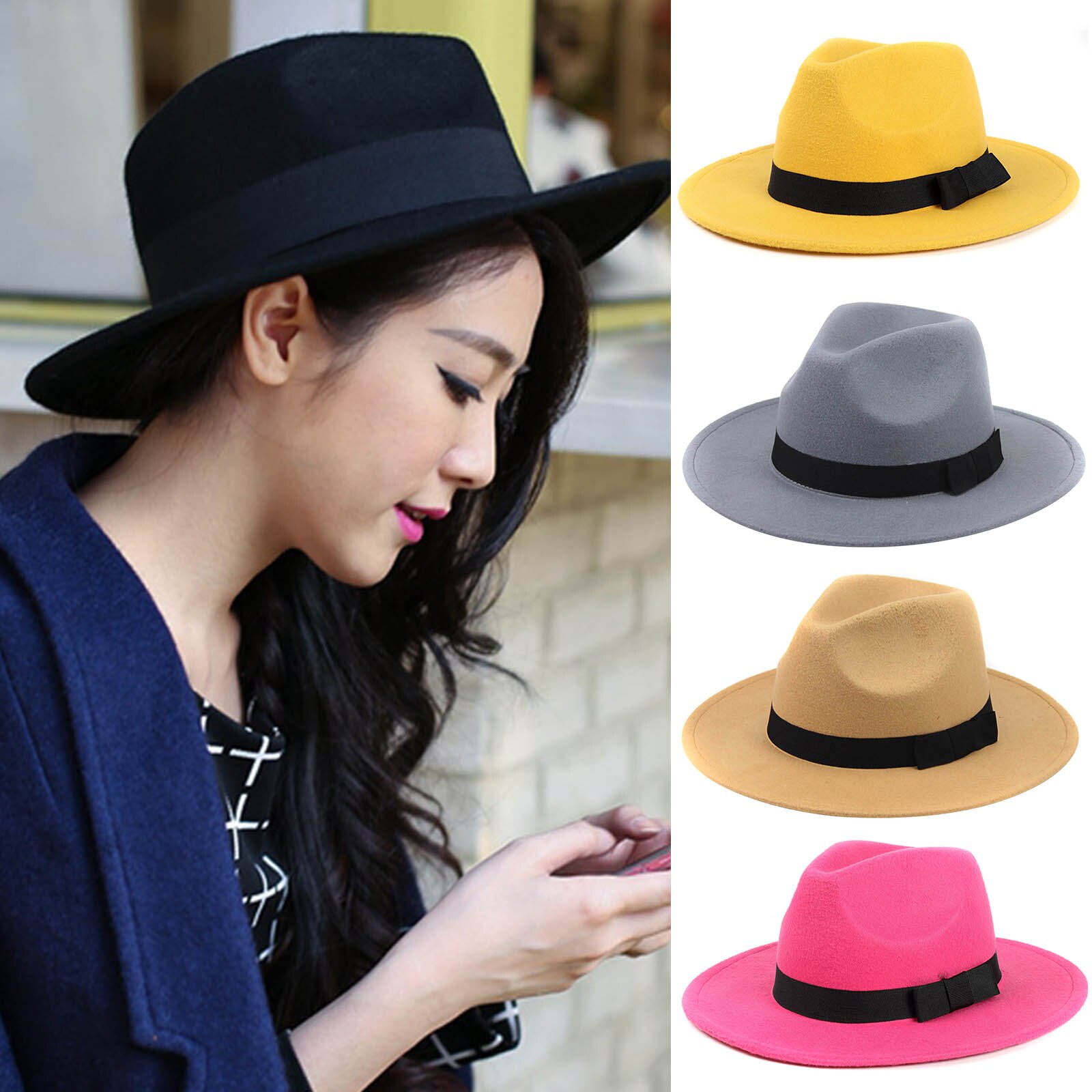 Women's Stylish Top Hat Crushable Wool Felt Outback Hat British Style Headgear Wide Brim Belt Cap d88