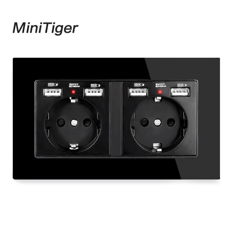 Minitiger 2 jengi venäjä espanja eu standardi pistorasia 4 usb -latausportilla piilotettu pehmeä led -ilmaisin kristallilasipaneeli: Musta