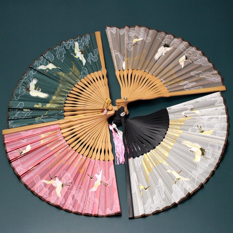 1Pc Folding Fan Crane Decoratieve Ambachtelijke Bamboe Zijde Chinese Hanfu Accessoires Opvouwbare Lady Fotografie Props Thuis Ornamenten Fan