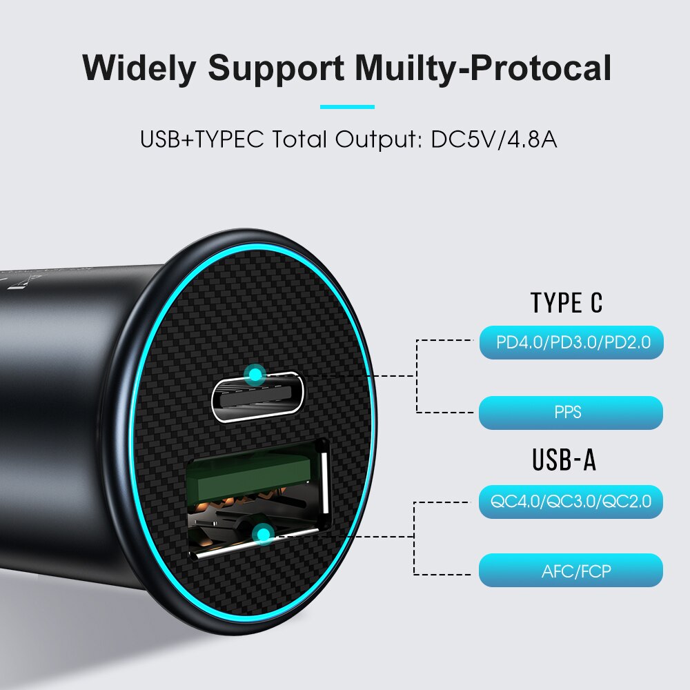 30W USB chargeur de voiture métal rapide PD USB C voiture chargeur de téléphone Charge rapide QC3.0 4.0 SCP AFC pour iPhone Huawei Xiaomi Mi Type C téléphone portable