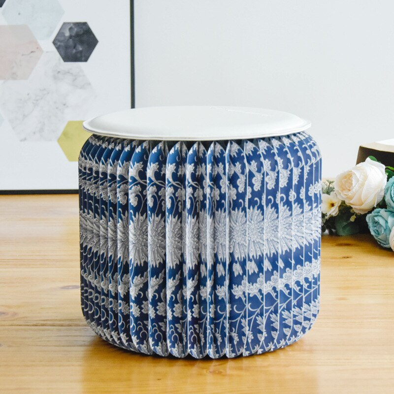 Round stool Nordic living room home seat low stool blue printed paper stool