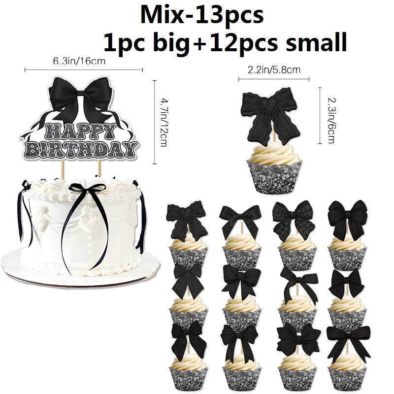 13pcs Black Bow Tie Cake Decoration,Girl's Bow Happy Birthday Cake Insert: Default Title