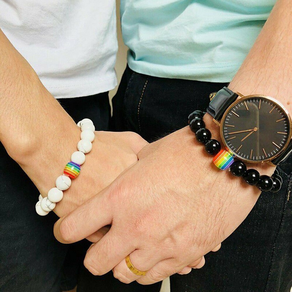 1Pc Frauen Männer Regenbogen Flagge Ball Natürliche Stein Schwarz Onyx Perlen Armbinde Juni Stolz LGBT HOMOSEXUELL Paar Schmuck Für liebe männer schmuck