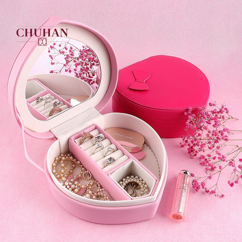 CHUHAN, nueva caja de almacenamiento de joyería en forma de corazón de cuero PU con caja de almacenamiento de joyería creativa portátil, pendientes, caja de joyería C308