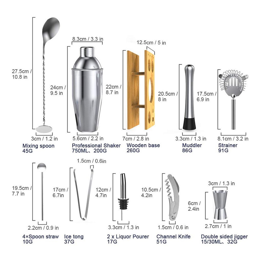 14 pièces 304 en acier inoxydable barman Cocktail barman outil en acier inoxydable barre Cocktail Shaker ensemble Barware Kit