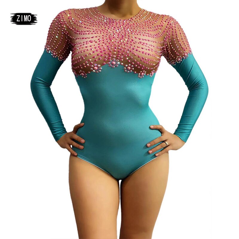 Body con perlas y diamantes de imitación para mujer, ropa de gimnasia rítmica para adultos, baile Dj sexi de animadora para actuación, mallas para escenario
