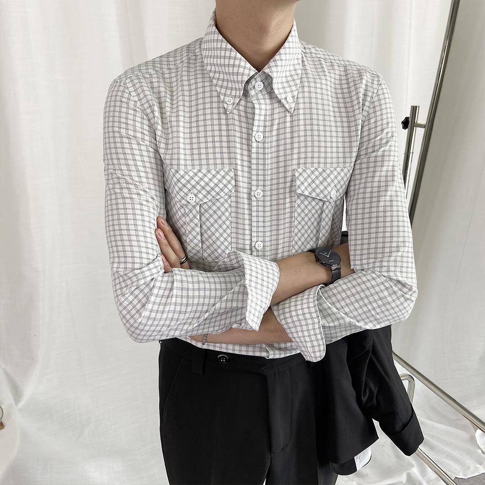Orange plaid skjorter herre retro slim fit langærmet skjorte mand engelsk stilfuld ternet sommer herre tøj korea tøj: Hvid / L