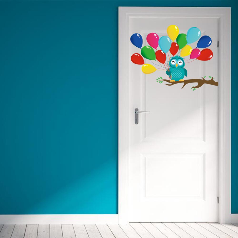 Autocollant de dessin animé branche d&#39;arbre hibou, arrière-plan avec ballons, décor de chambre à coucher pour enfants, Stickers artistiques muraux pour porte, papier peint de pépinière