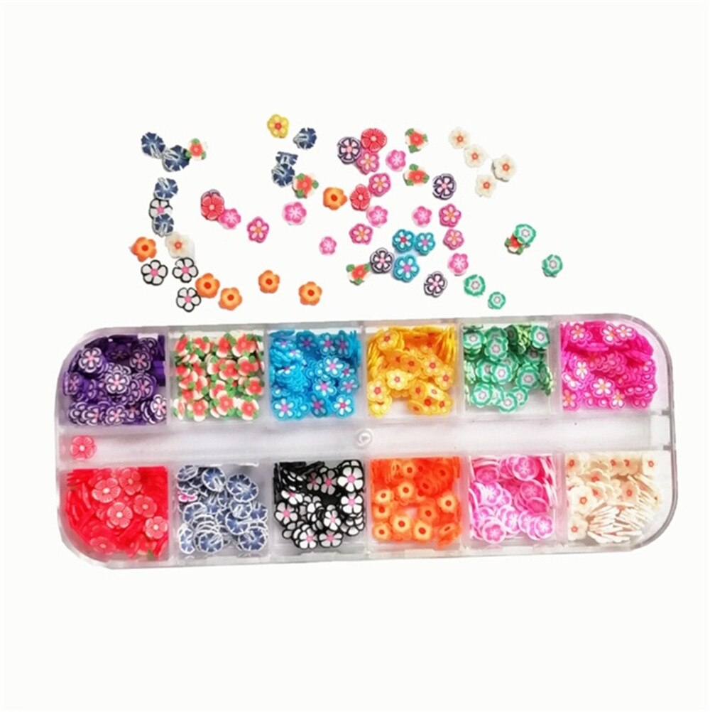 3d nail art tilbehør blandede blomster frugt skåret ler diy negle dekoration neglesmykker 12 gitter/æske: Blomster tilfældig farve