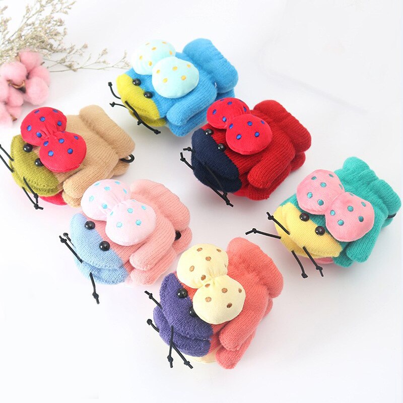 REAKIDS Cute Cartoon Children Gloves 2-5 Years Old Winter Knit Baby Mittens Velvet Thick Children Kids Keep Finger Warm