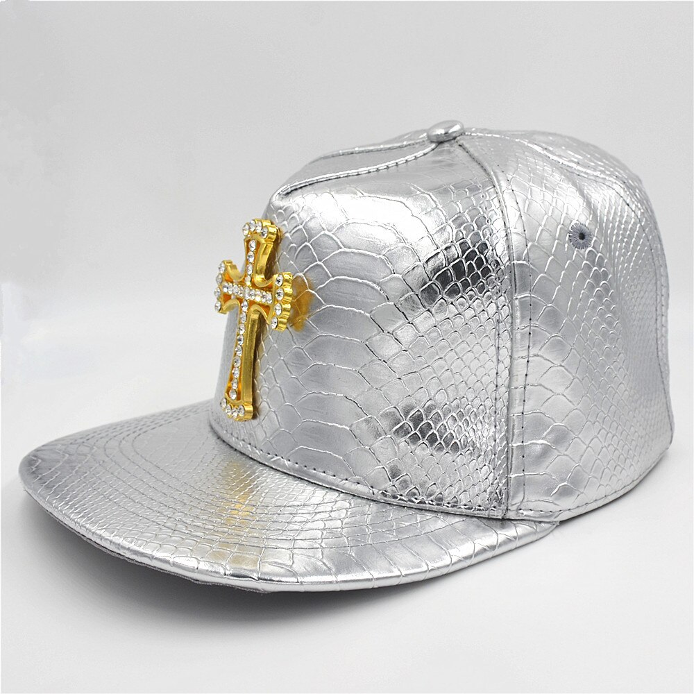 Bling krystal guld kors vedhæng kasketter hip hop dans hatte pu læder hat justerbar mænd kvinder