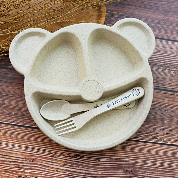 Baby Bowl Spoon Fork Feeding Food Anti Wheat Straw Training Tableware Set Cartoon Bear Kids Dishes Eating Dinnerware: yellow