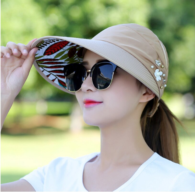 simple women summer beach Sun Hats pearl packable sun visor hat with big heads wide brim UV protection female cap