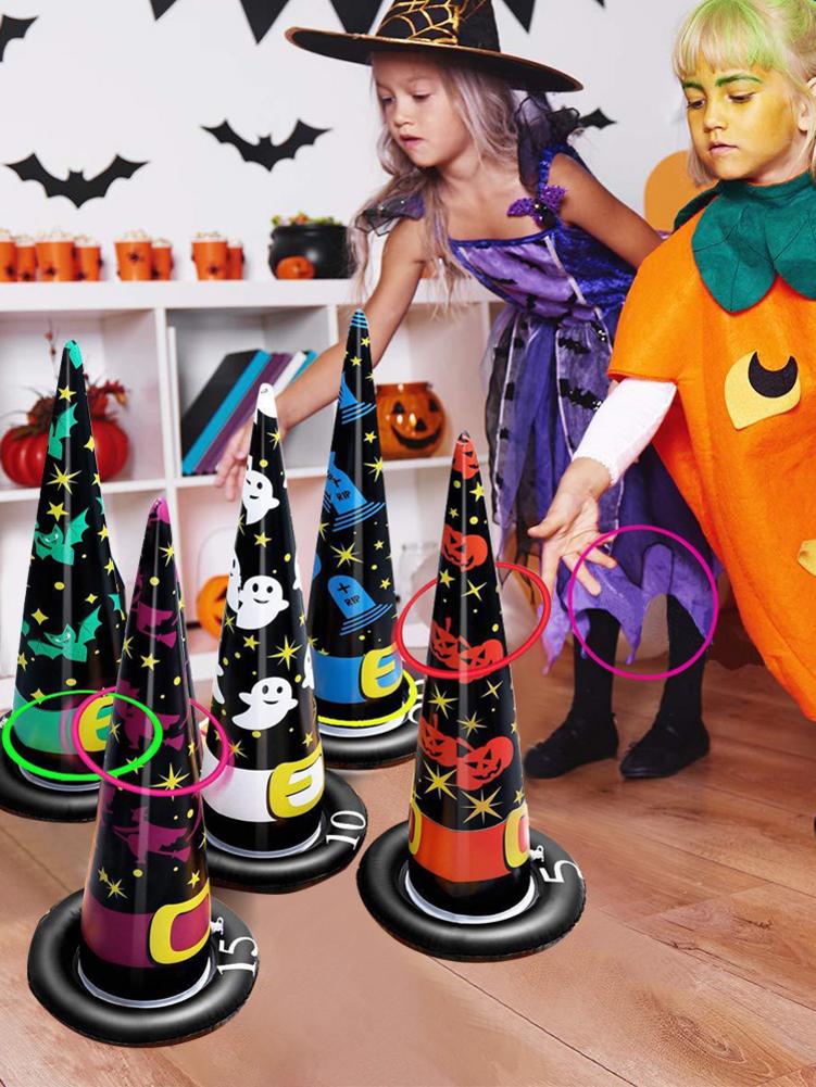 Halloween Opblaasbare Heks Hoed Ring Toss Game Set Party Game Speelgoed Voor Kid Halloween Prop Set Met 5 Hoeden en 10 Ringen