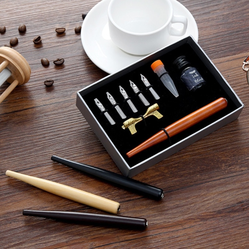 1 Set Retro Calligraphy Fountain Dip Pen with 5 Nibs Ink Kit Box for Lettering Sketching Drawing Stationery