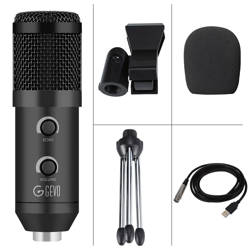 Gevo  bm 900 usb mikrofon kondensator studio med stativ stativ og pop filter mikrofon til datamaskin karaoke pc oppgradert fra  bm 800: Svart med stativ