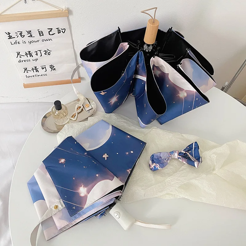 Opvouwbare paraplu met schattige kattenprint, zonbescherming en UV-verdediging, compact, automatisch versterkt frame, polyester pongee-stof voor dames