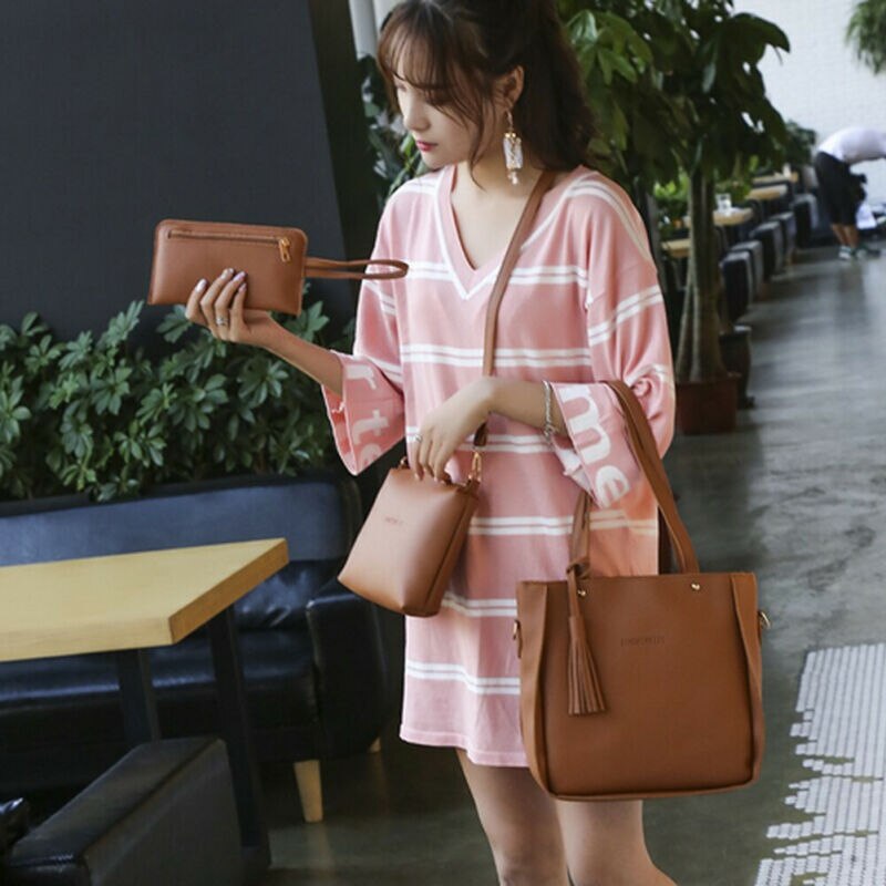 4Pcs Set Women Lychee Pattern Mother-child Four-piece Handbag Messenger Bag Wild Mini Bucket Tassel Single Shoulder