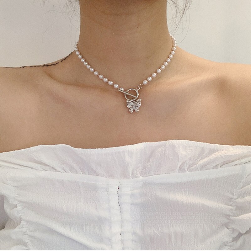 Huanzhi vintage udsøgt perle rhinestones choker sommerfugl titanium stål halskæde til kvinder piger fest smykker