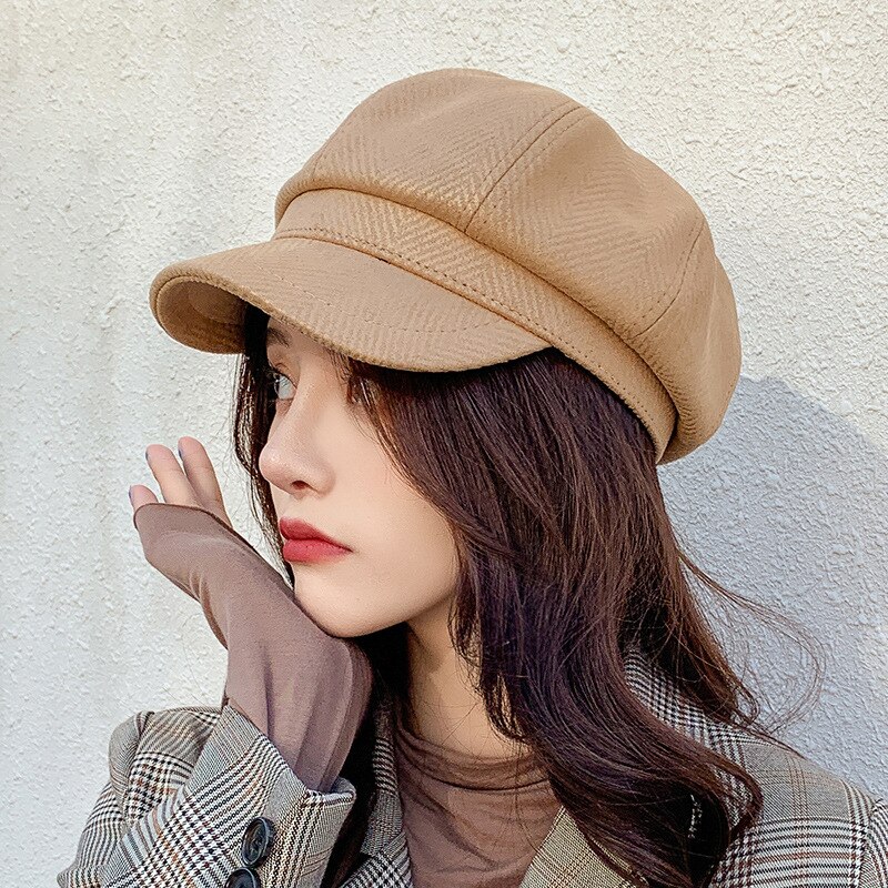 HT3389 Women Berets Striped Octagonal Newsboy Cap Vintage Artist Painter Beret Hat Female Autumn Winter Hat Beret Cap: Light Coffee