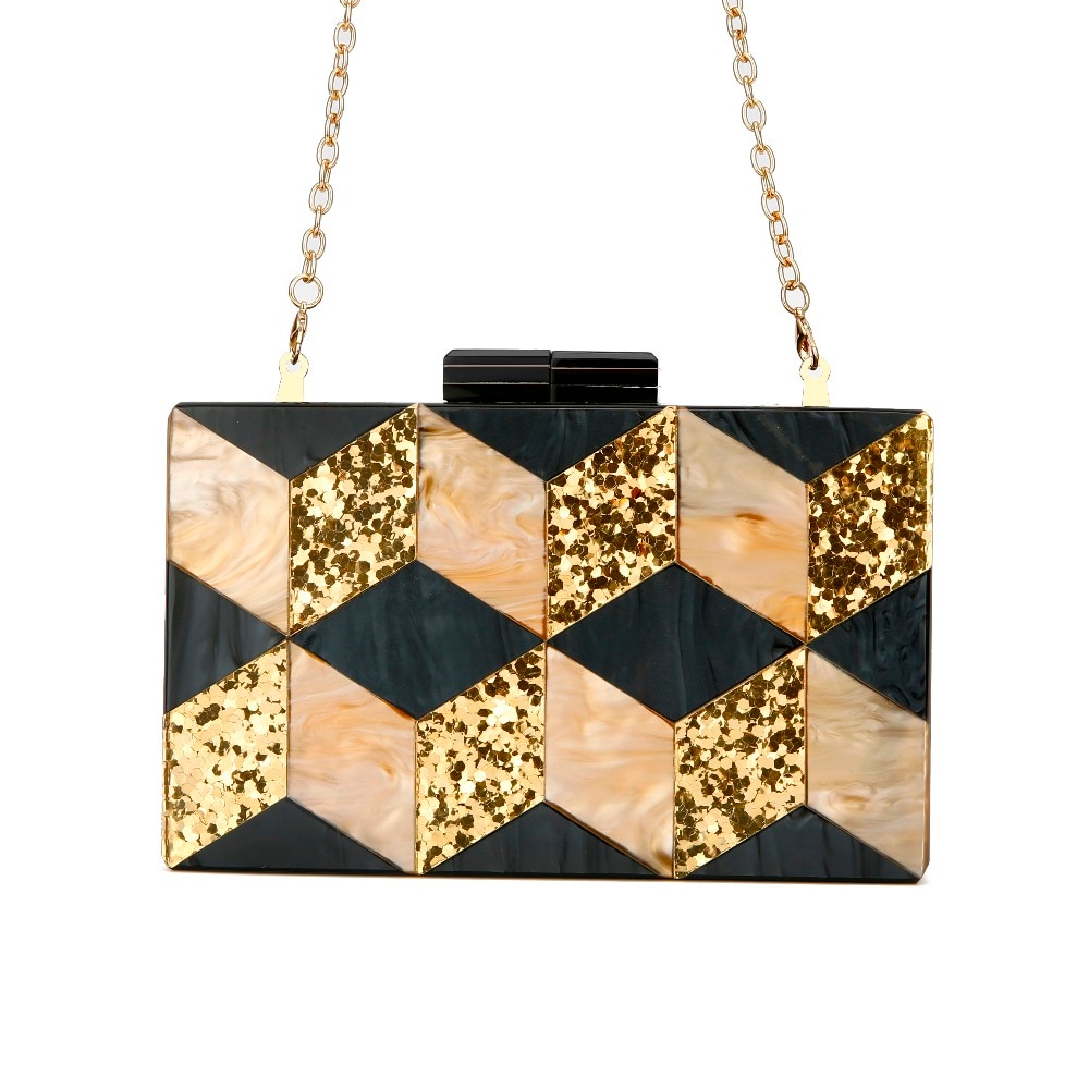 Naken guld glitter svart pärl randig geometrisk akryl clutch kvinnor axel messenger kväll sommar strand klaff akryl väska