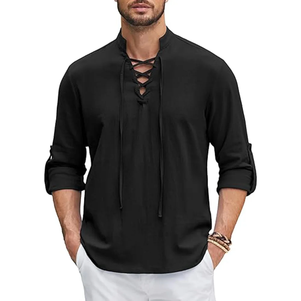 Heren Renaissance Shirt Piraat Middeleeuwse Viking Top Katoenen Linnen Shirts Heren Lange Mouwen Halloween Kostuum: XXL / Black