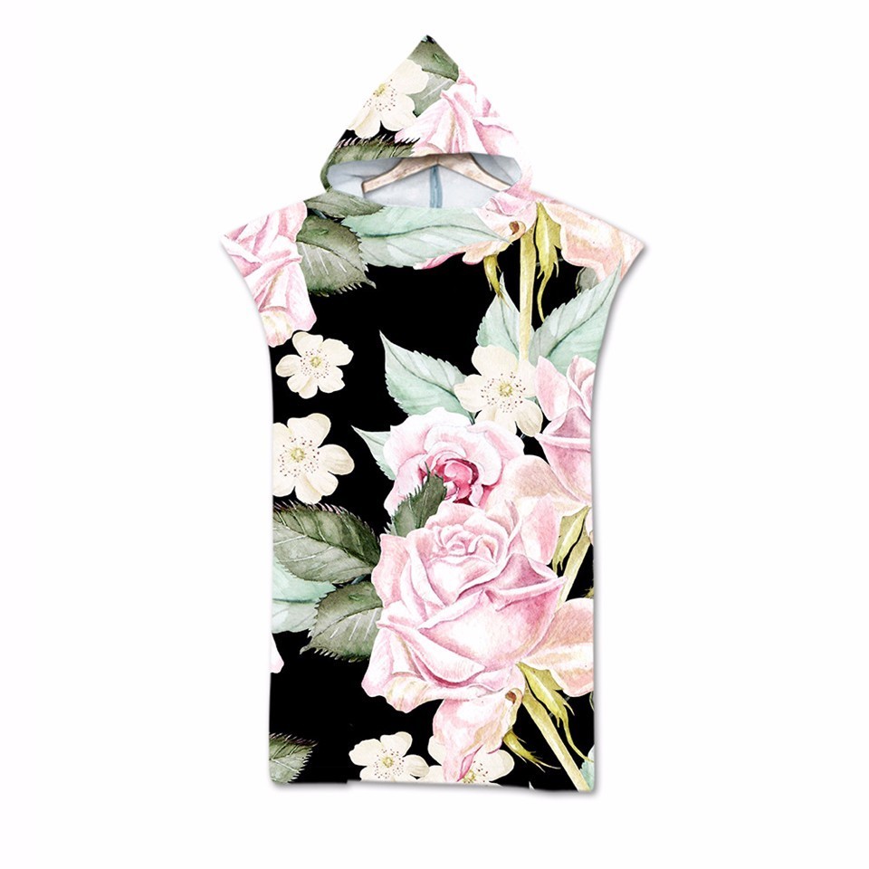 Dubbelzijdig Gedrukt Bloem Hooded Badhanddoeken Mantel Microfiber Romantische Rose Bloemen voor Volwassenen Mannen Vrouwen Strand Handdoeken