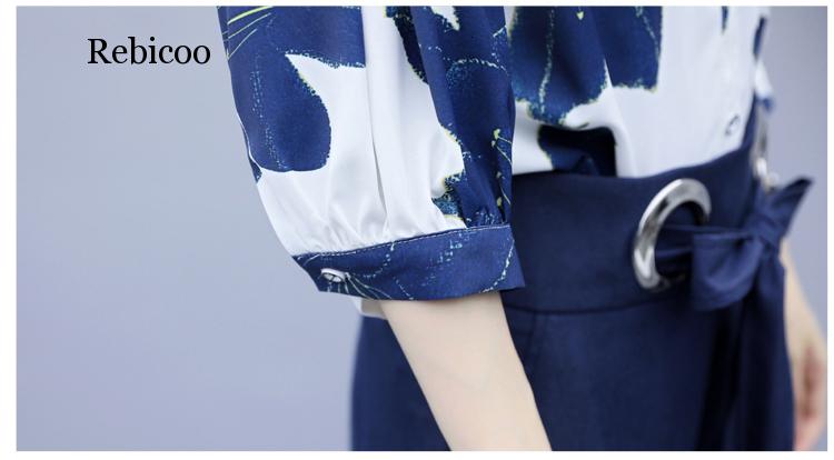 Primavera verão chiffon floral impressão de duas peças define mulheres blusas e calças largas perna ternos elegante moda escritório senhoras outfits
