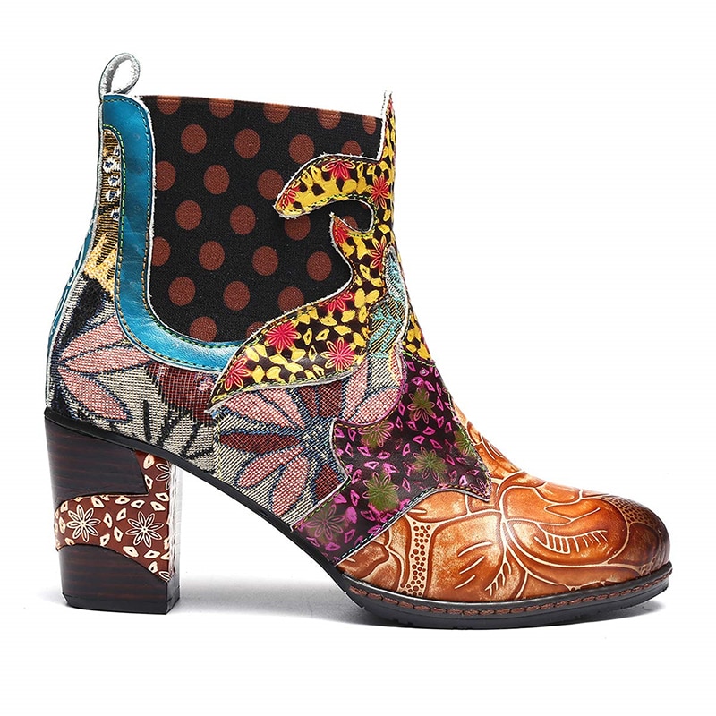 Botas étnicas coloridas de cuero de la PU que empalman los zapatos elegantes de las mujeres de las botas cortas de los tacones altos de la cremallera de la flor: 37