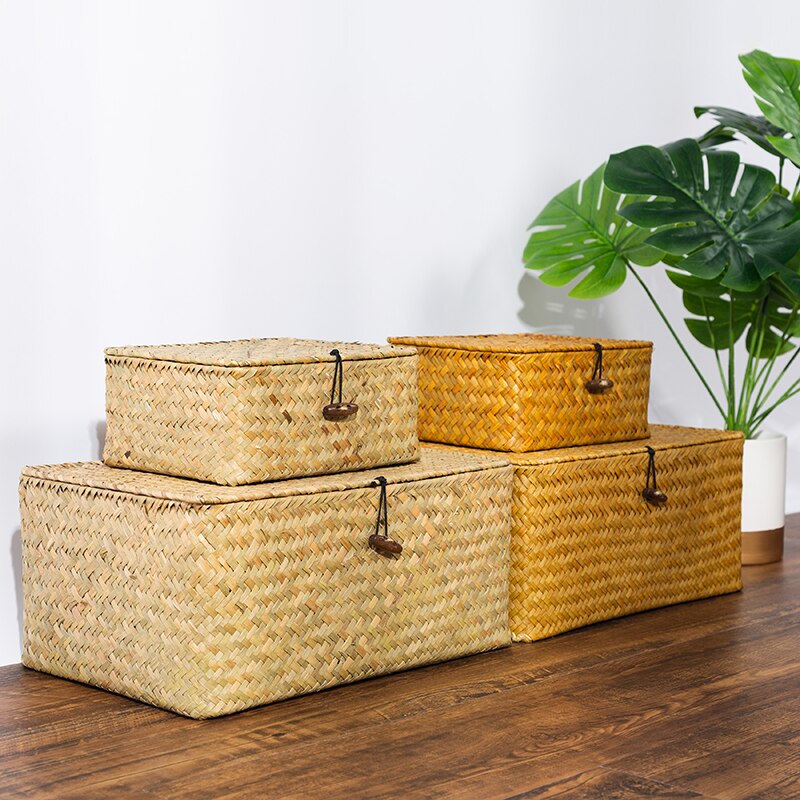 Rattan vævede opbevaringskasser med låg håndlavet flet opbevaringskurv diverse tøj kosmetik container home organizer