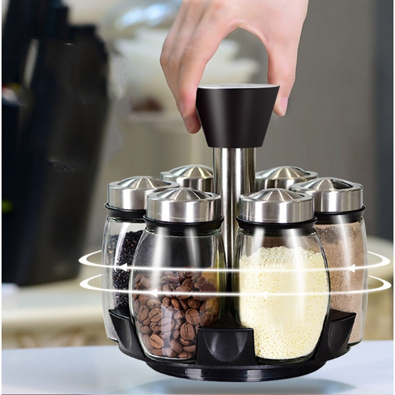 Bocal à épices rotatif | Bocal à épices en verre, boîte d'assaisonnement rotatif, sel, sucre poivre secoueur Condiments porte-bouteille Gadget de cuisine 1 ensemble