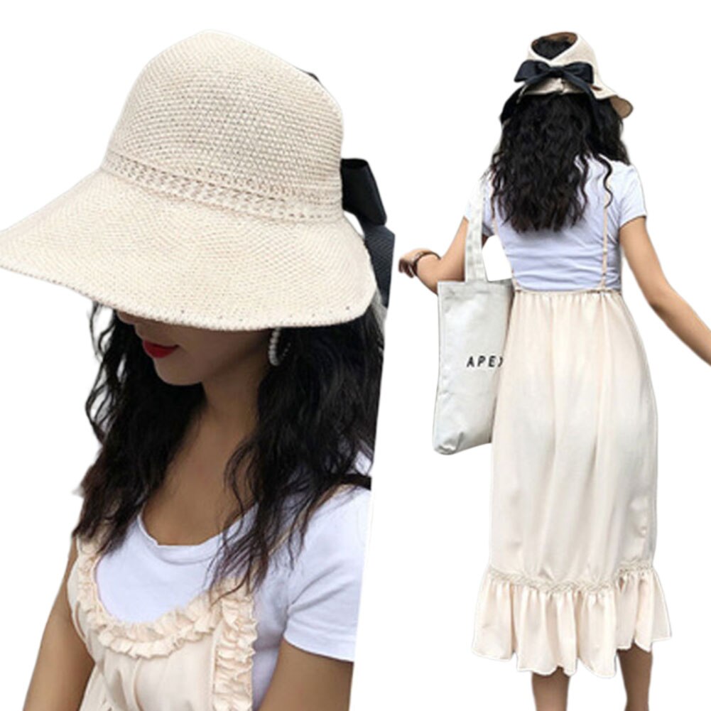 Women Girl Straw Hat Summer Cap Hand-Made Folding Beach Round Fisherman Basin Hat: Beige