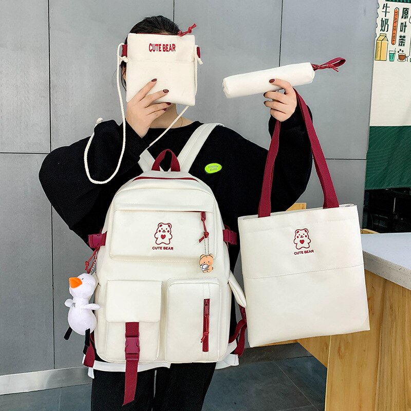 4 unids/set de lona mochilas para mujeres bolsas para la Escuela de las niñas adolescentes bolsas los estudiantes nuevos viajes mochilas para mujer mochila: White and red / Only backpack