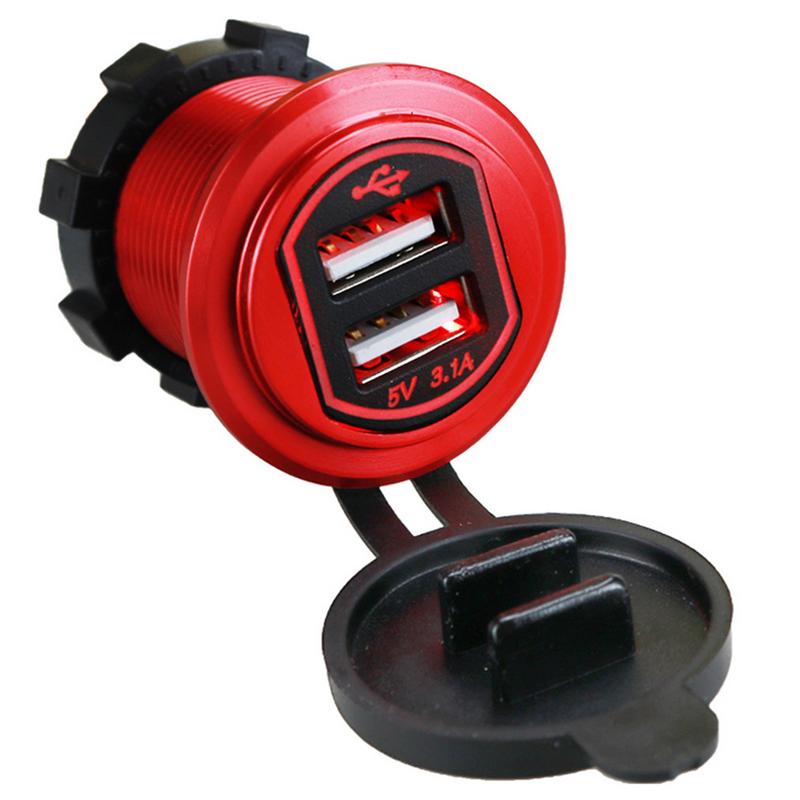 Metalen aluminium behuizing 3.1a snelladende dubbele usb-autolader gemodificeerde motorfiets autolader aluminium motorfietsaansluiting: Rood