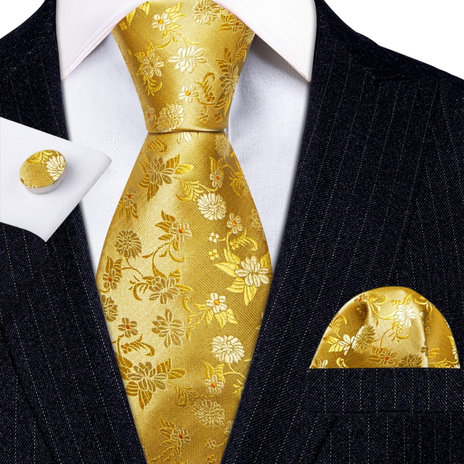 Luxury Gold Floral Ties For Men Exquisite Silk Necktie Handkerchief Cufflinks Sets Groom Wedding Business Party LN-6367