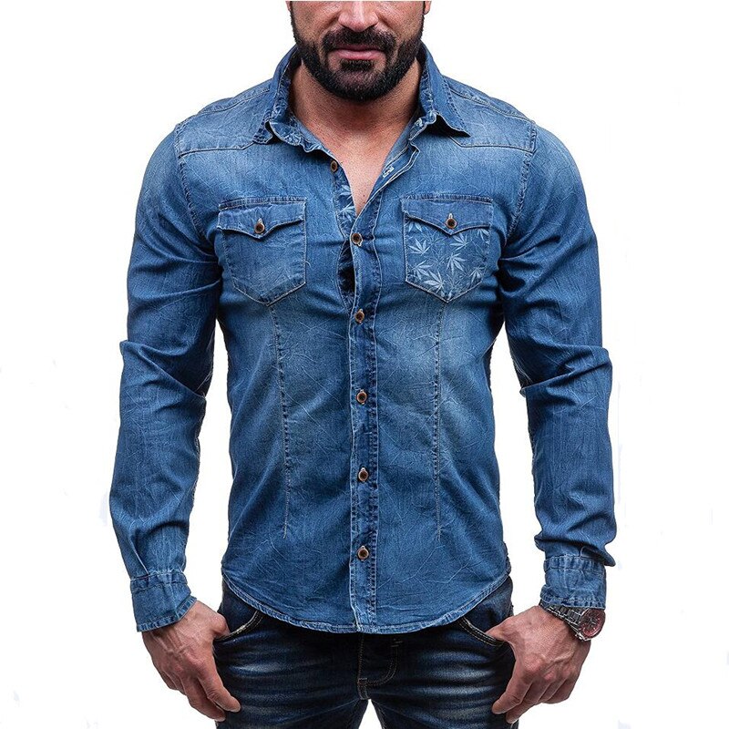Cotton Slim Fit Denim Shirts Men outdoor Casual printing Long Sleeve tops Mens Jeans Shirt Autumn Shirt for Men