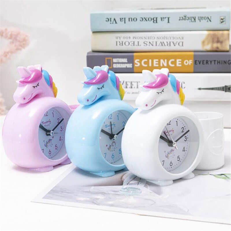 Eenhoorn Kids Wekker Leuke Bureau Klok Met Pennenhouder Brush Pot Home Decoratie Будильник Kids Brithday