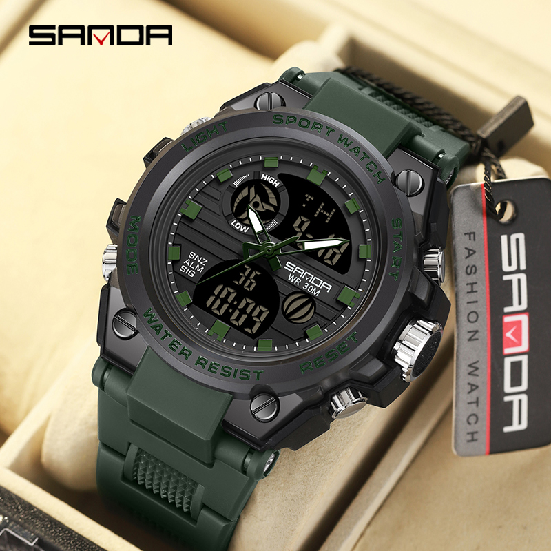 Reloj electrónico SANDA 739 para hombre, cronómetro de cuenta regresiva doble de lujo, resistente al agua, deportivo, Digital, luminoso, batería Original japonesa