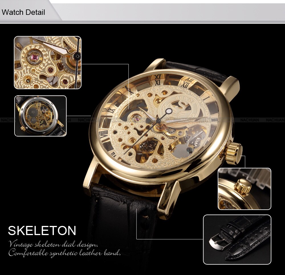 SEWOR Luxe Mechanische Horloge Gold Skelet Horloges Heren Lederen Band Horloges Klok Mannelijke Relogio Masculino